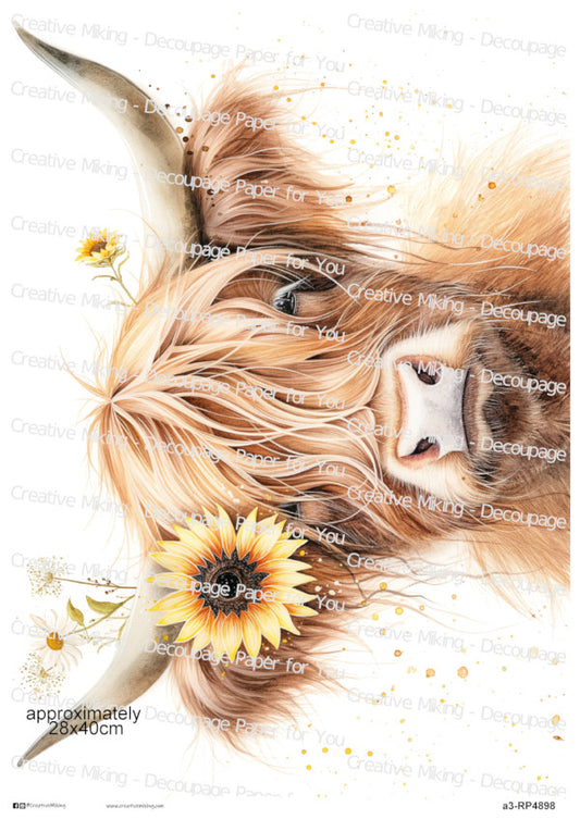 Highland Cow With Sunflowers Decoupage Paper | RP4898