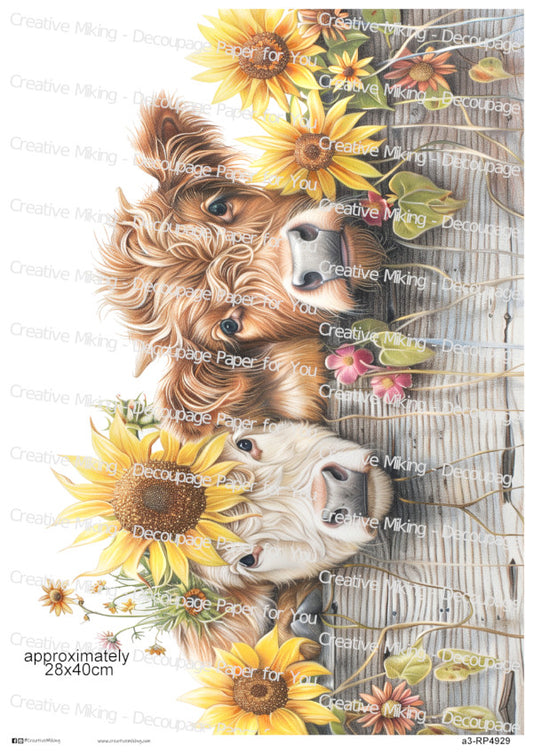 Highland Cows Peeking Over A Wooden Fence With Sunflowers Decoupage Paper | RP4929