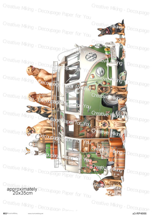 Dogs Around Vintage Camper Van Decoupage Paper | RP4986