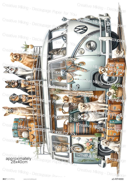 Dogs Around Vintage Camper Van Decoupage Rice Paper | RP4988