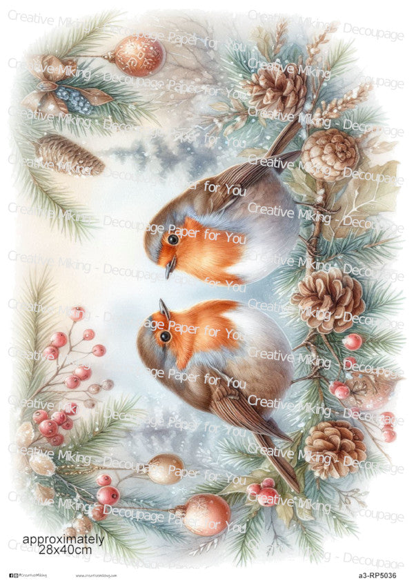 Robin Birds Among Pine Cones And Winter Greenery Christmas Decoupage Paper | RP5036