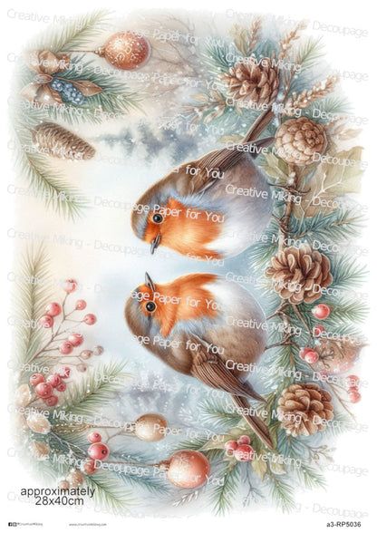 Robin Birds Among Pine Cones And Winter Greenery Christmas Decoupage Paper | RP5036