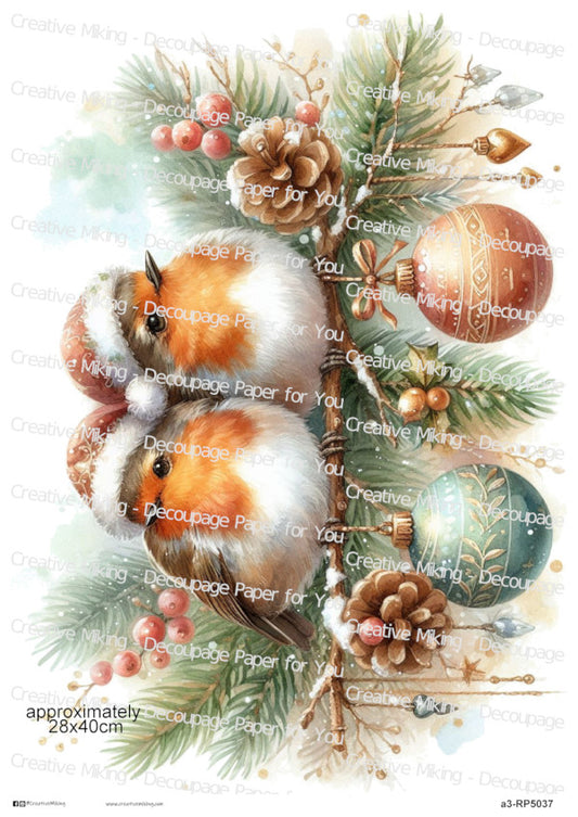 Robin Birds Among Christmas Ornaments And Winter Greenery Decoupage Paper | RP5037