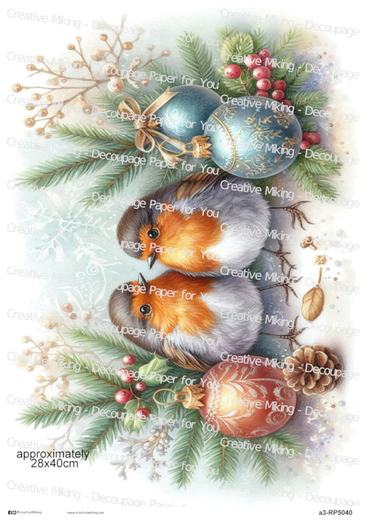 Robin Birds Among Christmas Ornaments And Winter Greenery Decoupage Paper | RP5040
