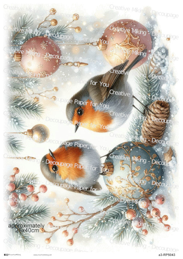 Robin Birds Among Christmas Ornaments And Winter Greenery Decoupage Paper | RP5043