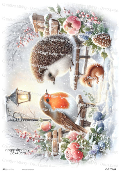 Robin Bird And Hedgehog In Winter Scenery Christmas Decoupage Paper | RP5044