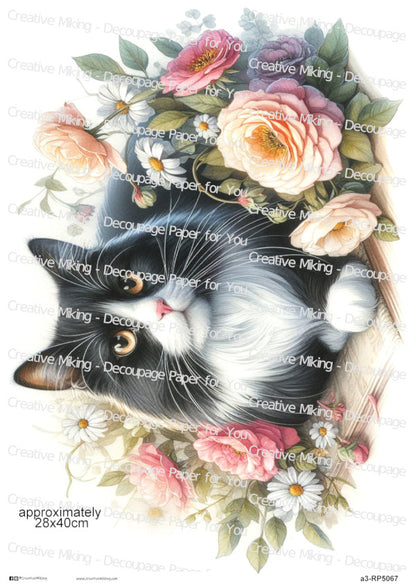 Tuxedo Cat Portrait Among Flowers Decoupage Paper | RP5067