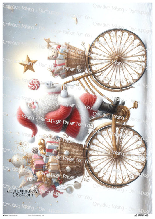 Santa Claus On Vintage Bicycle With Gifts Christmas Decoupage Paper | RP5169