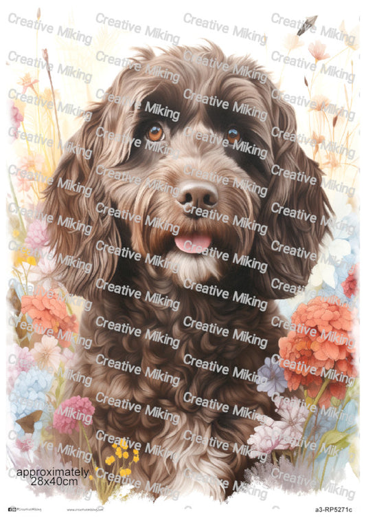 Cockapoo Dog Portrait Among Flowers Decoupage Rice Paper | RP5271c