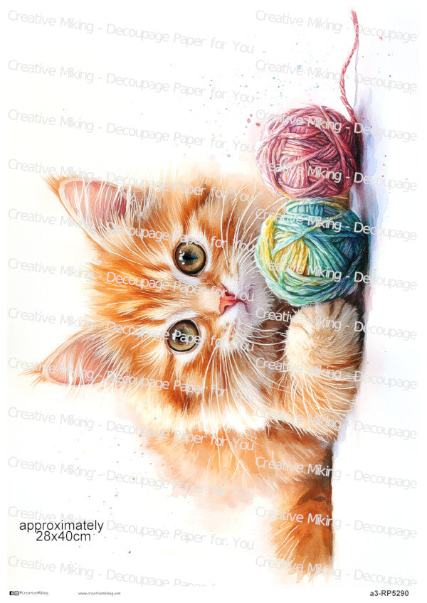 Ginger Tabby Cat Playing With Yarn Decoupage Paper | RP5290