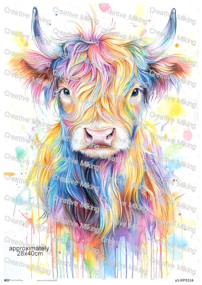 Colorful Highland Cow Watercolor Splashes Decoupage Rice Paper | RP5334