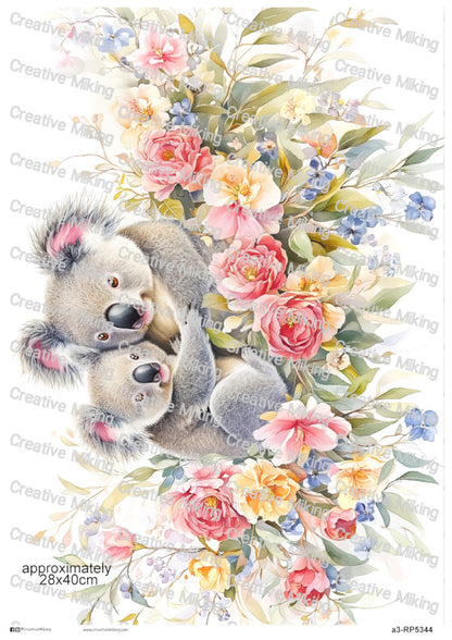 Mother And Baby Koala Among Flowers Decoupage Paper | RP5344