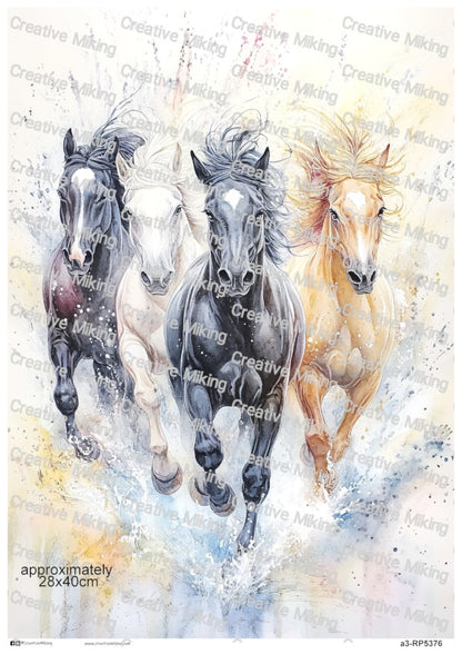 Running Horses Watercolor Splashes Decoupage Paper | RP5376