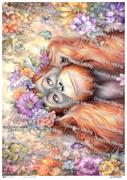 Orangutan in Enchanted Floral Garden Decoupage Paper | RP5605