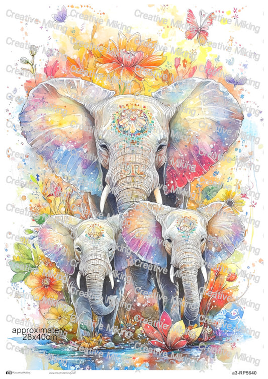 Elephant Mother With Two Baby Elephants Among Colorful Floral Splashes Decoupage Rice Paper | RP5640