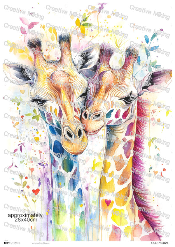 Giraffes Among Colorful Watercolor Splashes Decoupage Rice Paper | RP5682a