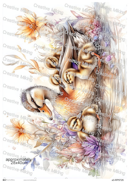 Duck With Ducklings Among Flowers Decoupage Rice Paper | RP5725