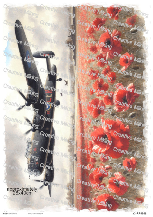Lancaster Bomber With Poppies Remembrance Decoupage Rice Paper | RP5868