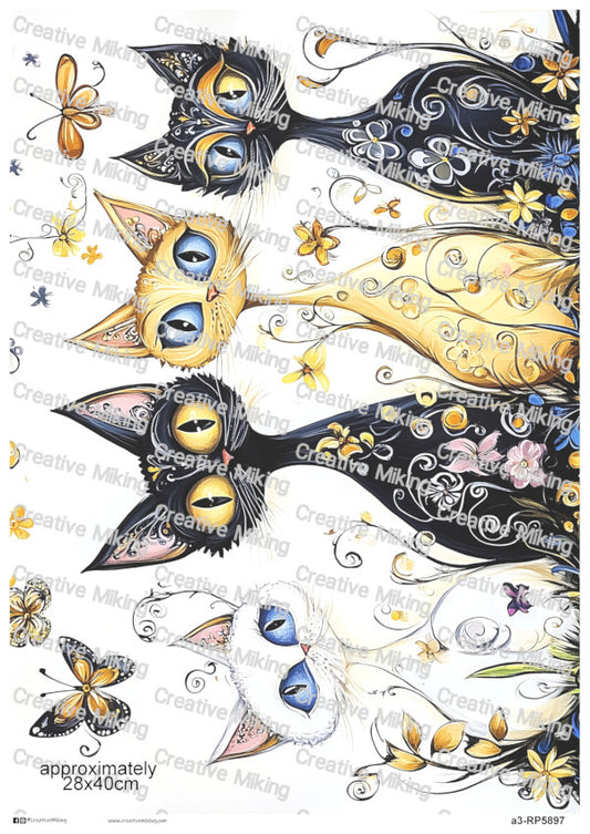Cats With Butterflies And Floral Swirls Decoupage Rice Paper | RP5897