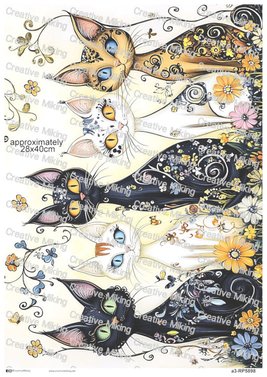 Cats With Butterflies And Floral Swirls Decoupage Rice Paper | RP5898