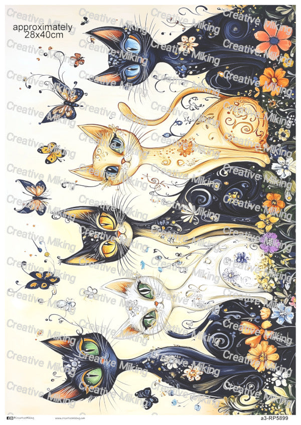 Cats With Butterflies And Floral Swirls Decoupage Rice Paper | RP5899
