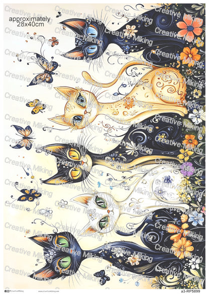 Cats With Butterflies And Floral Swirls Decoupage Rice Paper | RP5899