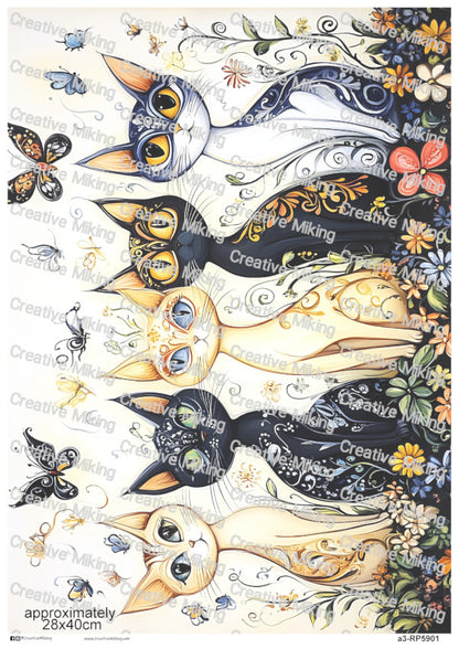 Cats With Butterflies And Floral Swirls Decoupage Paper | RP5901