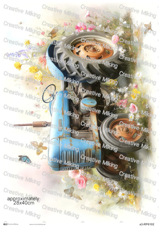 Blue Vintage Tractor Among Wildflowers Decoupage Paper | RP6102