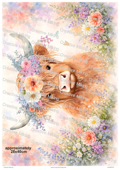 Highland Cow With Wildflowers Watercolor Decoupage Rice Paper | RP7117