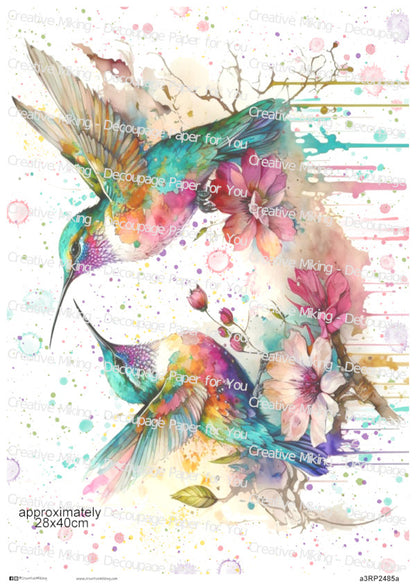 Hummingbird Among Flowers Watercolor Splashes Decoupage Rice Paper | RP2485a