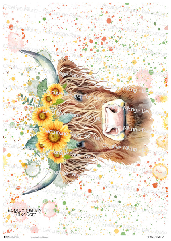 Highland Cow Sunflower Crown Splashes Decoupage Rice Paper | RP2500c