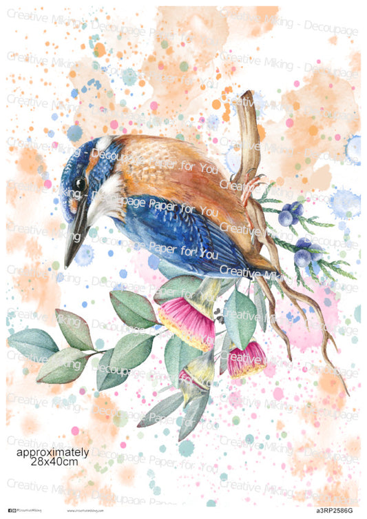 Kingfisher Bird Watercolor Splash Decoupage Paper | RP2586g