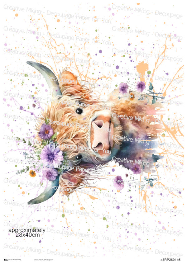 Highland Cow With Purple Floral Crown Watercolor Splash Decoupage Rice Paper | RP2601b5