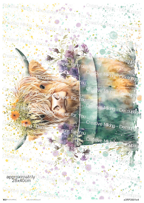 Highland Cow In A Tub Watercolor Splash Decoupage Rice Paper | RP2601e4