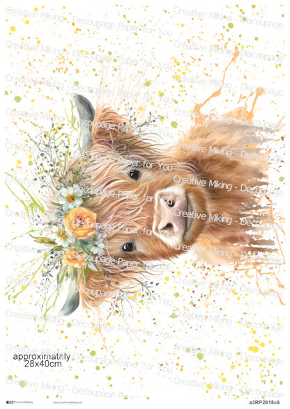 Highland Cow With Floral Crown Watercolor Splash Decoupage Rice Paper | RP2615c6