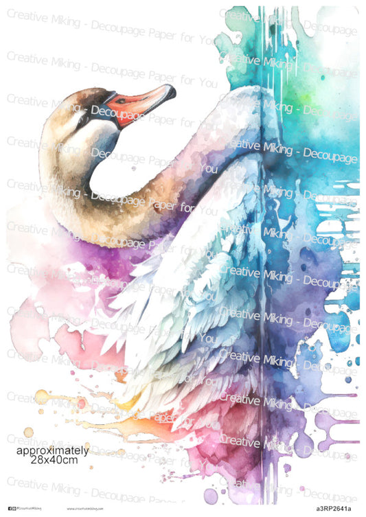 Swan Bird Watercolor Splashes Decoupage Paper | RP2641a