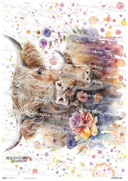 Highland Cow with Calf Watercolor Splashes Decoupage Paper | RP2740