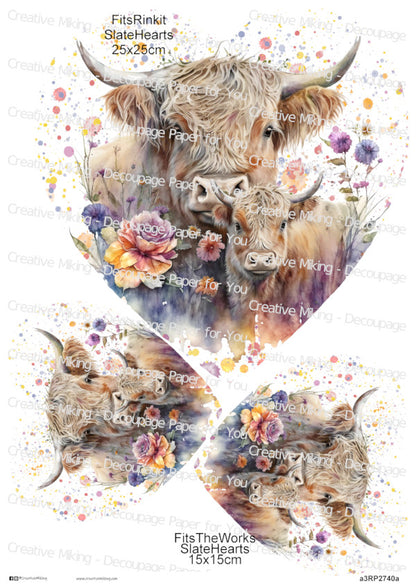 Highland Cow with Calf Watercolor Splashes Decoupage Rice Paper | RP2740a