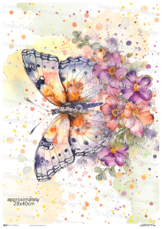Butterfly among Flowers Watercolor Splashes Decoupage Rice Paper | RP2771e
