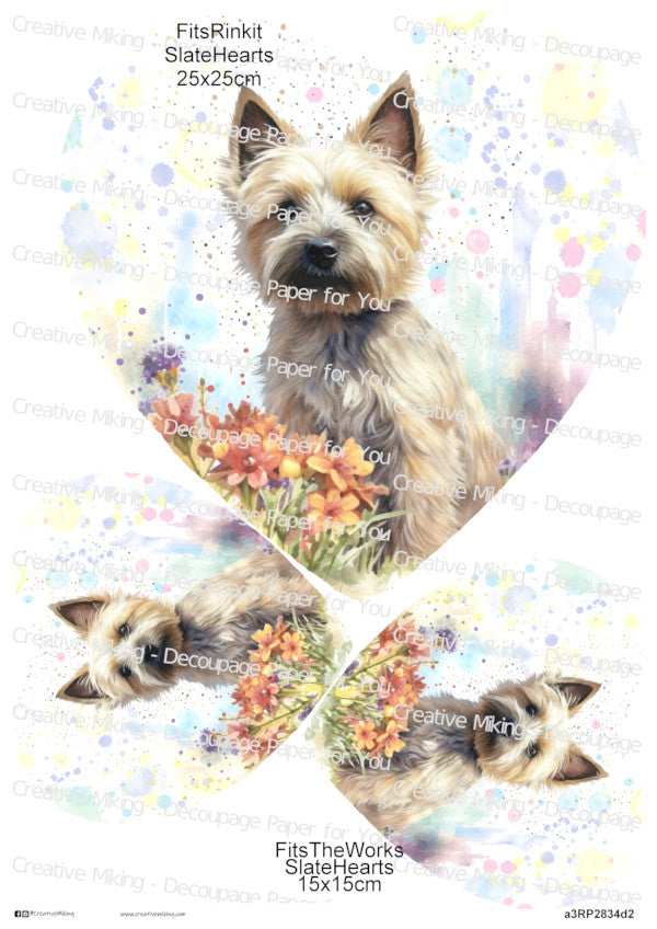 Cairn Terrier Dog With Flowers Watercolor Splashes Decoupage Paper | RP2834d2