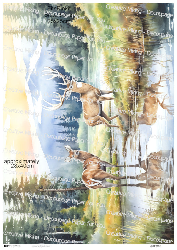 Deer Pair in Woodland Lake Landscape Decoupage Paper | RP2852d