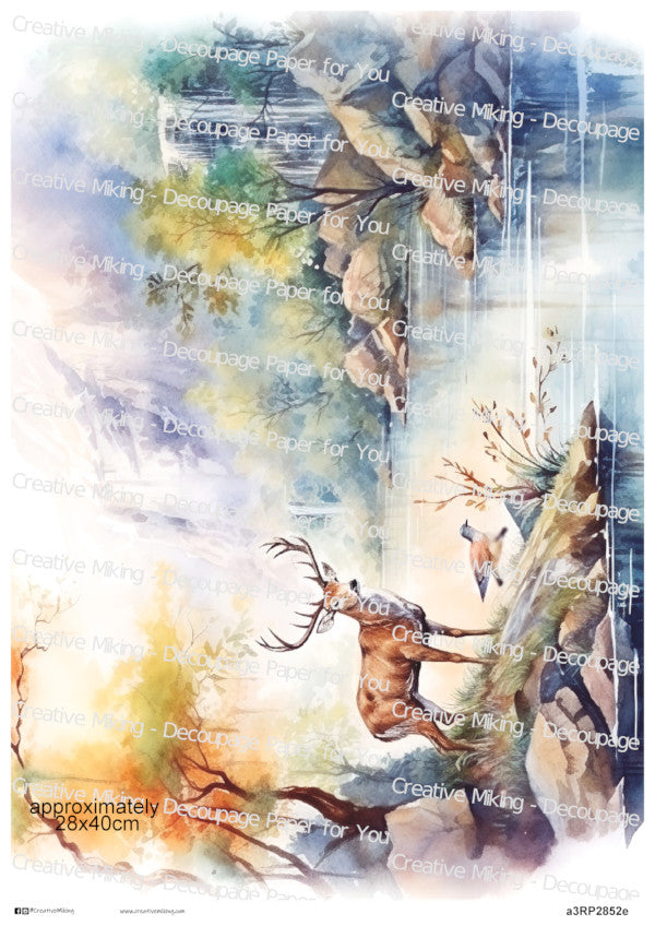 Stag in Woodland Lake Landscape Decoupage Paper | RP2852e