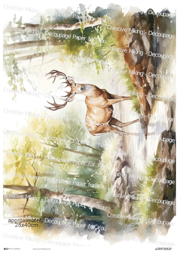 Stag in Woodland Lake Landscape Decoupage Paper | RP2852f