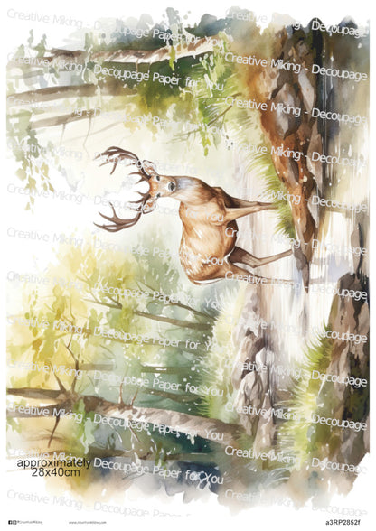 Stag in Woodland Lake Landscape Decoupage Paper | RP2852f