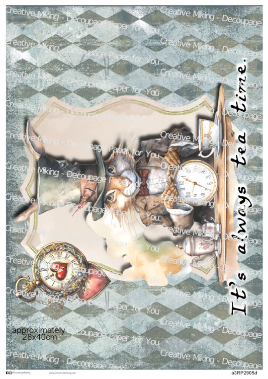 March Hare Quote Decoupage Paper – "It’s Always Tea Time" | RP2905d