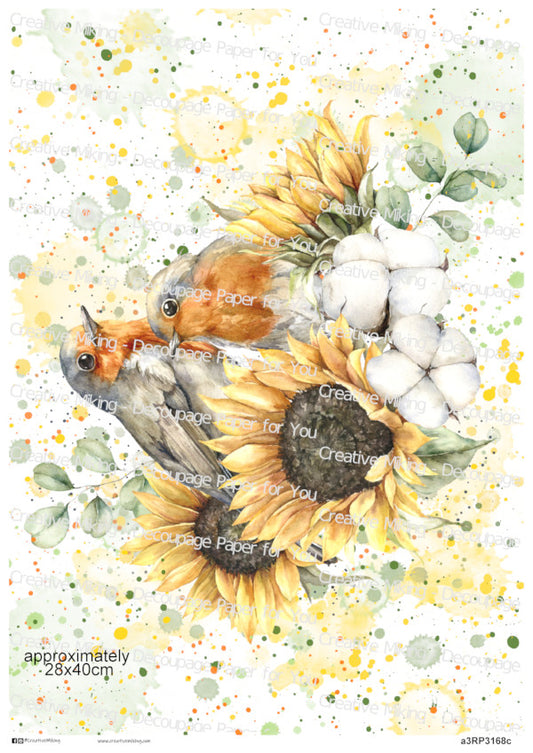 Robin Birds Among Sunflowers And Cotton Watercolor Splashes Decoupage Rice Paper | RP3168c