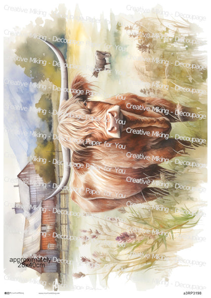Highland Cow In Countryside Landscape Decoupage Paper | RP3198