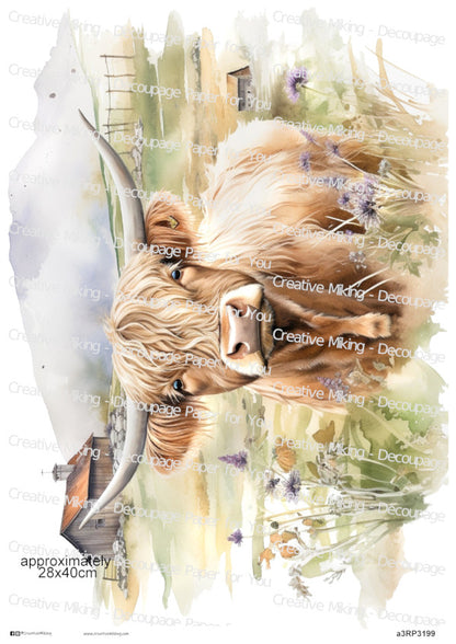 Highland Cow In Countryside Landscape Decoupage Paper | RP3199