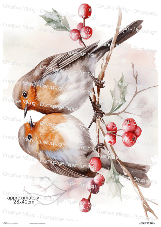 Robins On Branch With Red Berries Decoupage Paper | RP3210b