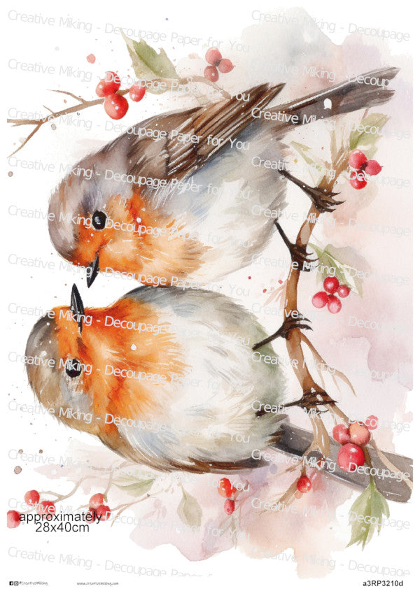Robins On Branch With Red Berries Decoupage Paper | RP3210d